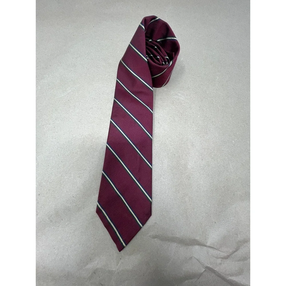 Vintage Mens Silk Necktie Burgundy Navy Gold Diagonal Striped Business Tie